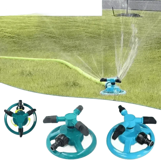 Blue Rotating Garden Sprinklers Watering Grass